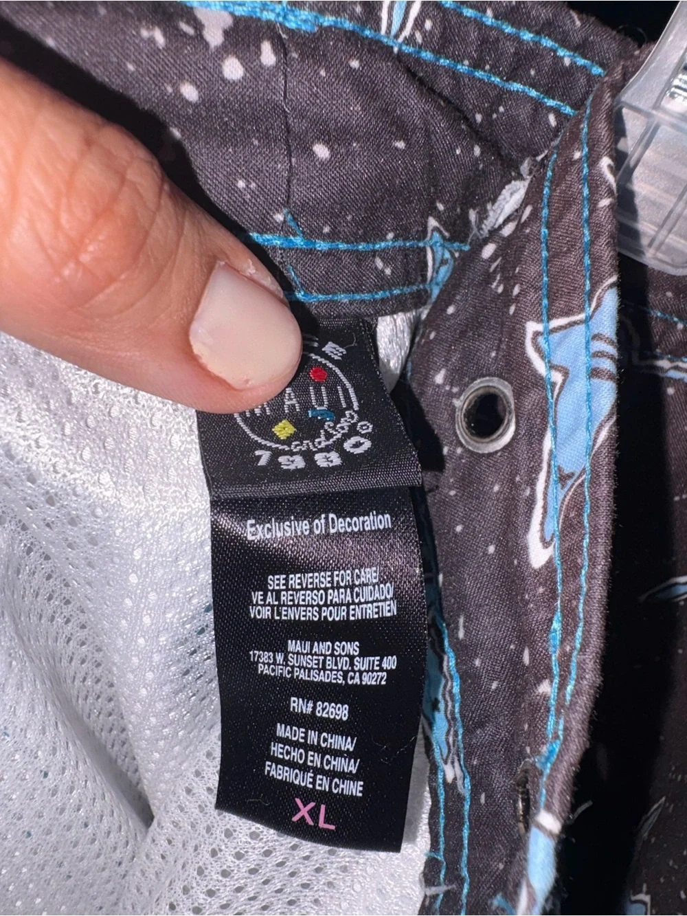 MAUI Athletics Men's Black, Light Blue & Pink Shark Print Swim Trunks